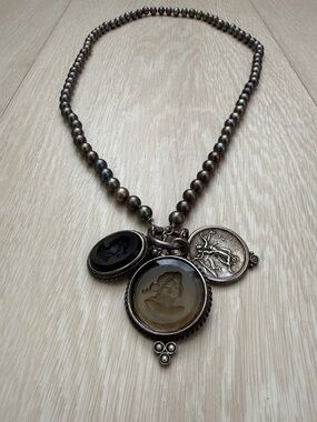 Extasia Vintage Pearl Necklace Intaglio Cameo Triple Charms Jewelry